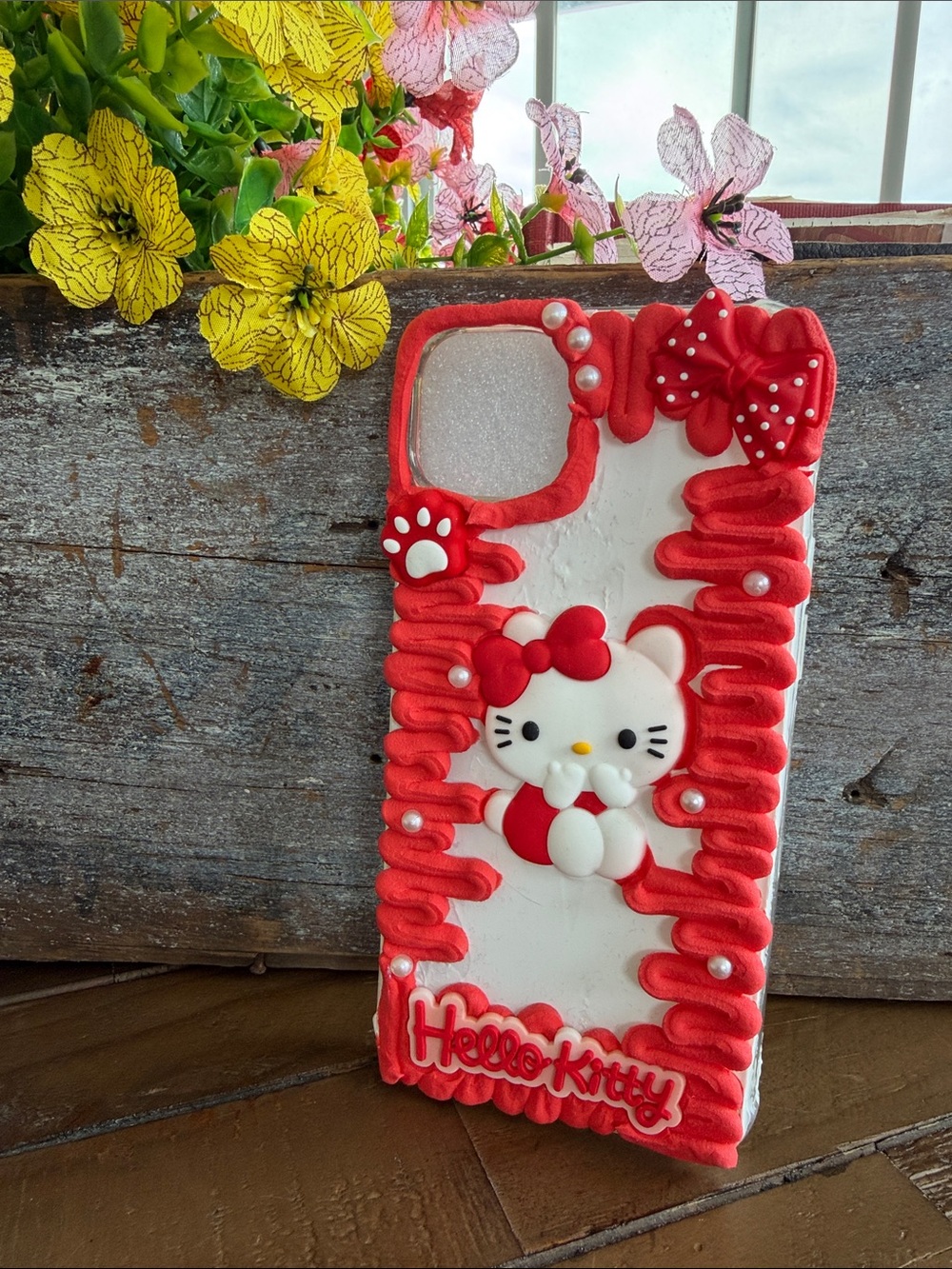 Hello Kitty Red and White Decorative Phone Case with Pearls